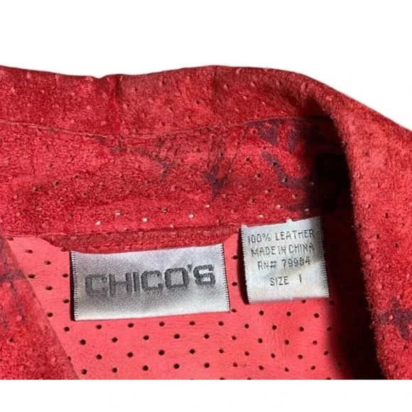 CHICO'S Leather Suede Shirt Jacket Womens Size 1 (Medium) Red Black Asian Print - Picture 6 of 8
